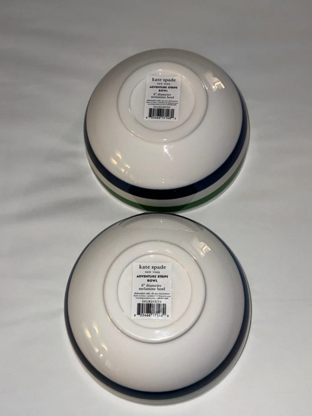 kate spade striped melamine individual bowls in green, navy and white